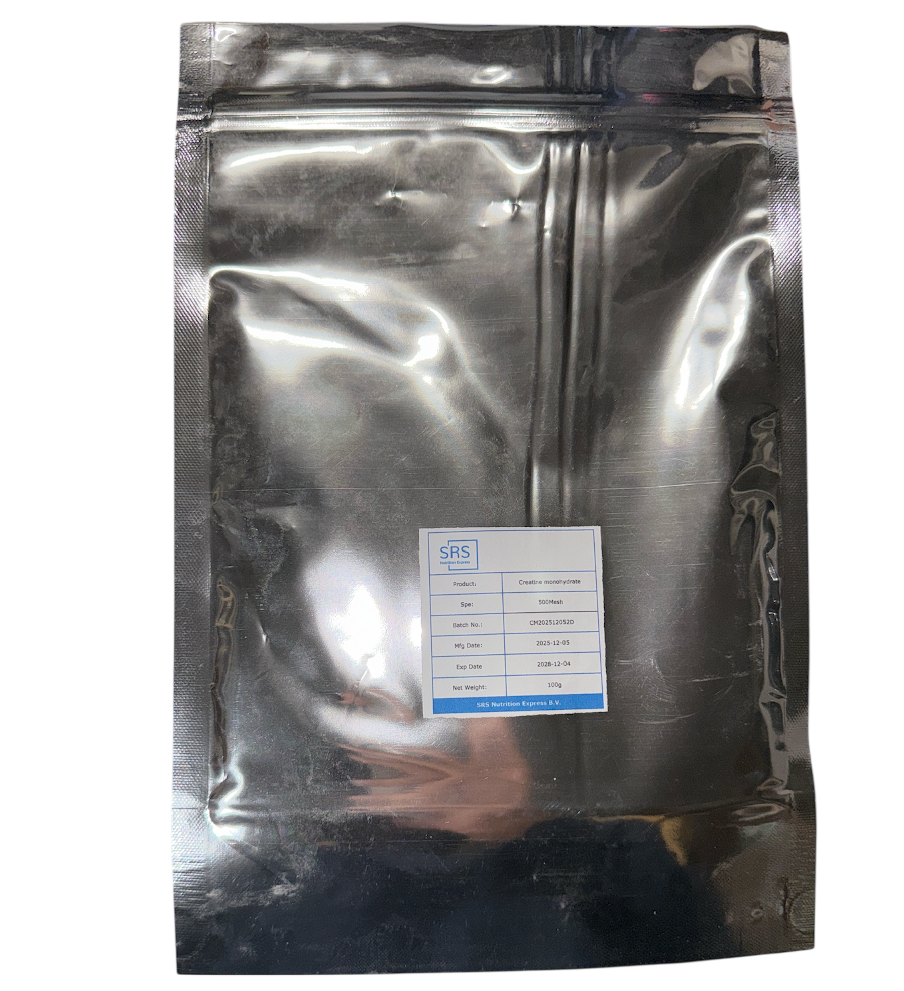Metallic packaging with a label on a white background