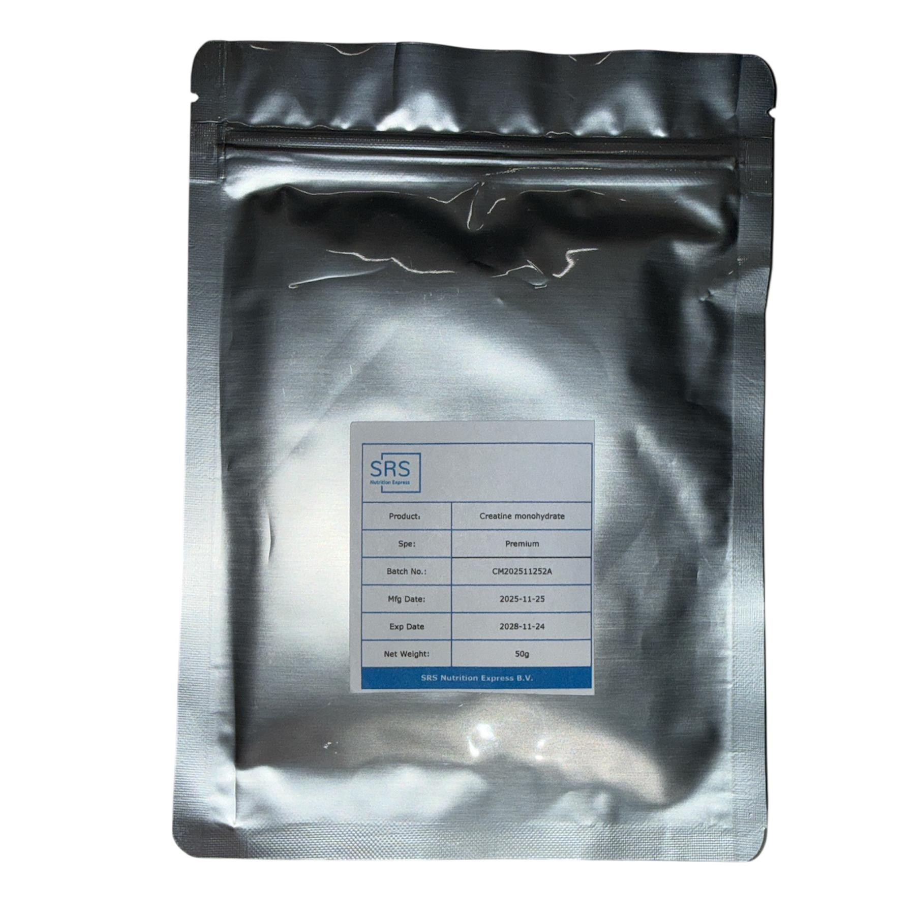Silver foil packaging with a label on a white background