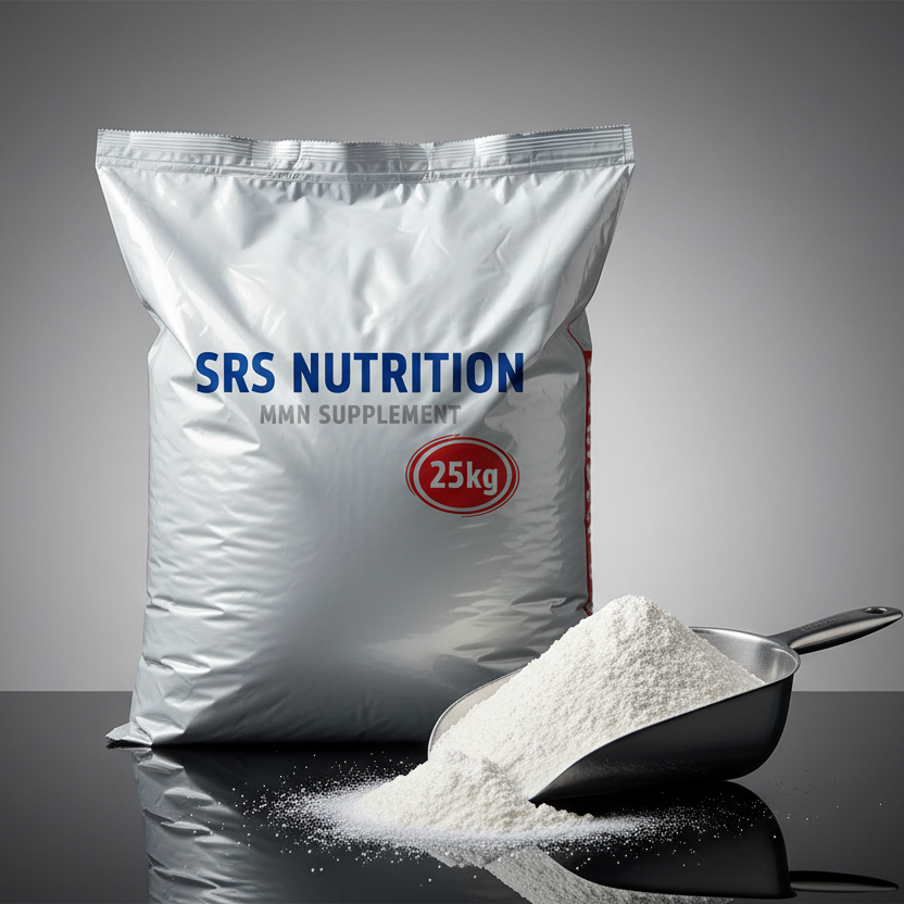 Bag 25kg of SRS Nutrition NMN with a scoop of powder on background