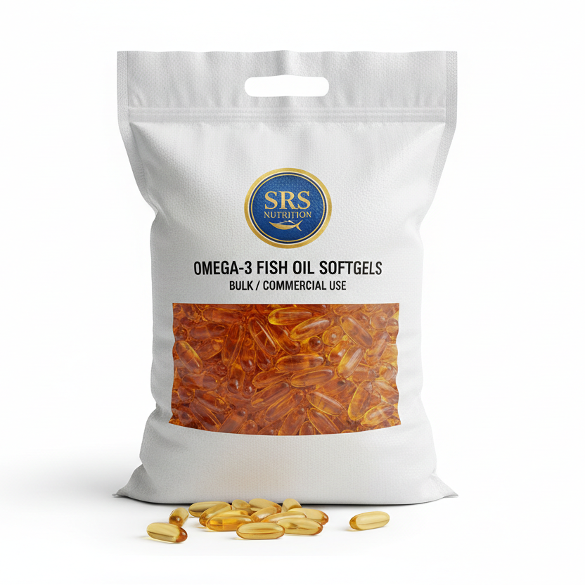 in big bag with omega 3 softgels  SRS Nutrition logo